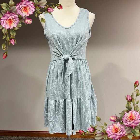 Pastel Light Blue Knit Sleeveless mini dress with front tie size extra small - Picture 1 of 10